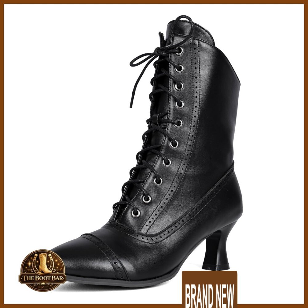 Victorian Vintage Ankle Boots Low Heel Lace Up Zipper Steampunk Renaissance